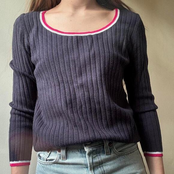 Vintage Ann Taylor Blue Ribbed 3/4 Sleeve Preppy Y2K Sweater Small - Picture 2 of 7